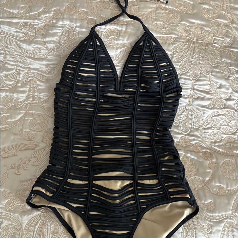 Black and Tan One Piece cut-out Swimsuit